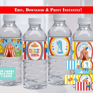 CIRCUS Birthday Water Bottle Labels-Self Edit w Corjl-Carnival Water Bottle Deocrations-Circus Party-Carnival First Birthday-Any Age-A116