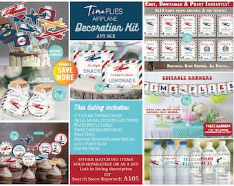 May include: Printable airplane party decoration kit with editable banners, signs, and labels. The kit includes a variety of items, such as cupcake toppers, water bottle labels, food tents, and centrepieces. The theme is "Time Flies" and features red, blue, and white colours.