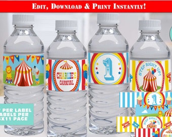 CIRCUS Birthday Water Bottle Labels-Self Edit w Corjl-Carnival Water Bottle Deocrations-Circus Party-Carnival First Birthday-Any Age-A116