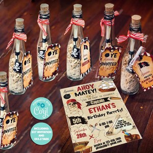 Set verjaardagsuitnodigingen piraat-bewerken met Corjl-piratenfeestuitnodiging+tags-piratenkapitein verjaardag-schatkaart-eerste verjaardag-AnyAge-A178-CT set