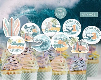 The Big ONE Surfing Geburtstag Cupcake Toppers-Selbst Bearbeiten mit Corjl-Retro-Surf's Up-Cake Dekoration--Schwimmbad-Strand-Wave-Erster Geburtstag-AnyAge-A195