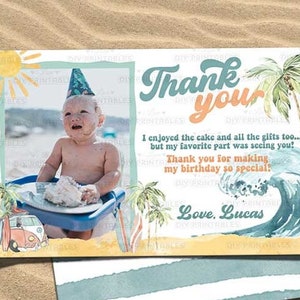 Surfing Party Thank You card-Self Edit w Corjl-The BIG ONE Birthday-Surf's Up First Birthday Photo-Tags-Beach-Pool-Surf Wave-Any Age-A195-P