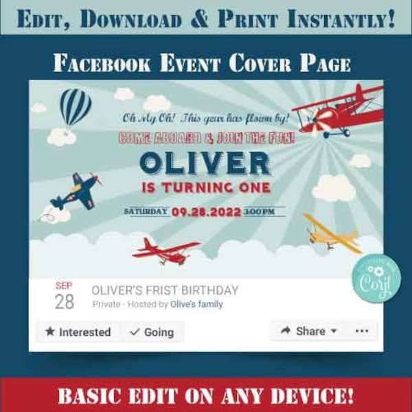 Vintage Airplane Party Facebook Event Cover-Self Edit Corjl-Airplane Birthday-Time Flies-Up up & away-First Birthday-AnyAge-Baby Shower-A105