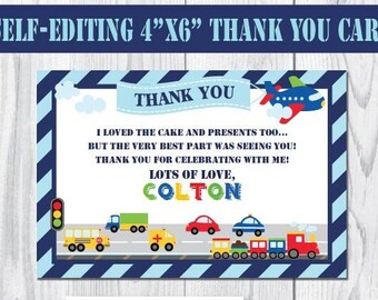 Self-Editing Transportation Birthday Thank You Card-Printable Transportation Party Thank you Note-Airplane Car Train Boat-Baby Shower-A109-2