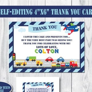 Selbst-Bearbeiten Transport Geburtstag Danke Karte-Printable Transport Party Danke Hinweis-Flugzeug Auto Zug Boot-Baby Shower-A109-2