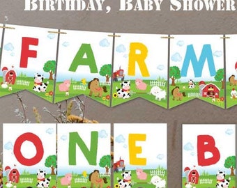Op de afbeelding: Printbare banner met boerderijthema met de woorden "Farm Day" en "One Baby" in kleurrijke letters. De banner toont boerderijdieren, schuren en groen gras. De tekst "Edit, Download & Print Instantly! Birthday, Baby Shower, All Events..." staat bovenaan de afbeelding. De tekst "Basic Edit on Any Device!" staat onderaan de afbeelding.