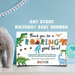 Cartão de agradecimento para festa de dinossauro - Autoedição com Corjl - Aniversário de dinossauro - Chá de bebê - Festa de dinossauro - Dinomite - Primeiro aniversário de dinossauro - Qualquer idade - A200