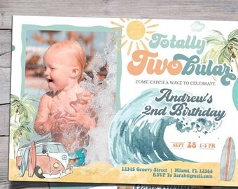 Surfing Totally Two-bular 2nd Birthday Invitation-Self Edit w Corjl-Surf's Up 2nd Birthday Invite-Pool-Splash plish Party-Surfing Wave-A195