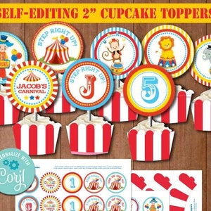 CIRCUS Birthday Cupcake Toppers W Free Wrappers-self Edit Corjl ...