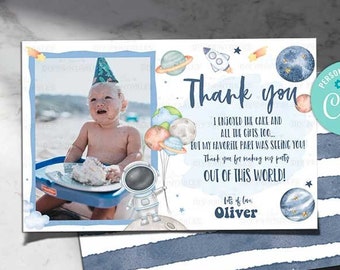 Biglietto di ringraziamento a tema spazio per il primo compleanno del bambino (file digitale modificabile) - A198