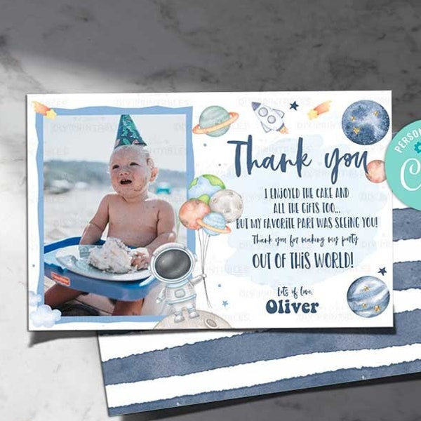 Outer Space Party Thank You Card-Self-Edit Corjl-First Trip around the Sun Birthday-Out of this world-First Birthday-AnyAge-Baby Shower-A198