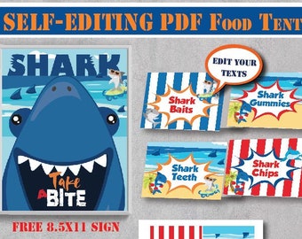 SELF-EDITING Shark Birthday Food Tent Labels-Printable Under The Sea Party-Shark Party-Pool Party-Ocean Party-Shark Bite-Surf-A122-6