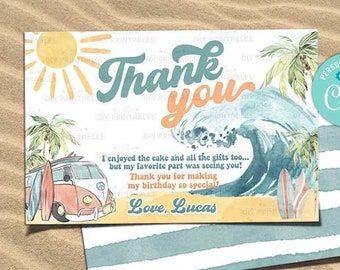 Surfing Thank You Card: Beach, Surf's Up Big One Baby Shower(Editable Digital)-A195