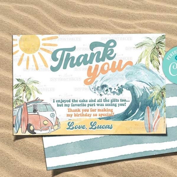 Surfing Party Thank You card-Self Edit w Corjl-The BIG ONE Birthday-Surf's Up First Birthday-Baby shower-Beach-Pool-Surf Wave-Any Age-A195