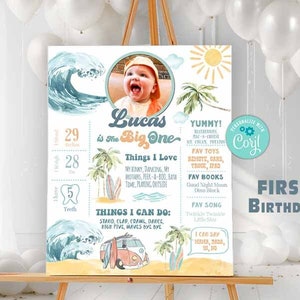 Surfing Geburtstags-Meilenstein Poster-The BIG ONE Geburtstag-Self Edit mit Corjl-Surf's Up Erster Geburtstag- Pool-Surf Wave Erster Geburtstag-Jedes Alter-A195