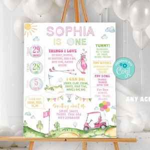 Cartaz de aniversário comemorativo do buraco de golfe em um - Corjl - Aniversário de golfe - Golfe - Par - Hora do jogo - Chá de bebê de golfe - Primeiro aniversário - Qualquer idade - Rosa - Menina - A227