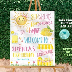 Placa de boas-vindas para festa de limonada Sunshine - Edit w Corjl - Pôster de boas-vindas para aniversário de limonada Sunshine - Barraca de limonada rosa - Primeiro aniversário - Qualquer idade - A160