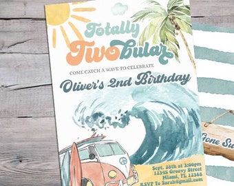 May include: Watercolor-style birthday invitation with a surfing theme. The main card features a vintage van, a large wave, and the text "Totally Two Bular." A second card has blue and white stripes and a wooden sign that says "Gone Surfin'."