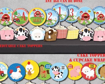 Self-Editing Farm Birthday Cupcake Toppers-Farm Party Circles-Printable Barnyard Party-Farm Animal Party-Farm First Birthday-Any Age-111R-2