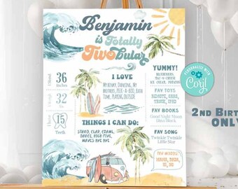 May include: A colorful printable 2nd birthday sign for a boy with a beach theme. The sign features a surfboard, a beach scene, and a van. The sign includes the boy's name, Benjamin, and the text "is Totally Twobular".