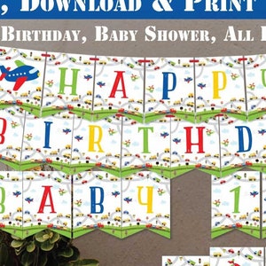 Transportation Party Banners-Corjl-Transportation Birthday-Party Wall Decoration-Airplane Train-First Birthday-AnyAge-Baby Shower-A229