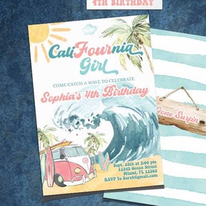 Surfing Cali-Four-nia Girl 4th Birthday Invitation-Self Edit w Corjl-Pink Surfs Up Invite-Pool-Surfing Wave-van-surfboard 4th-Coral-A199