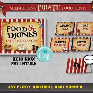 Bearbeitbar Piratenparty Essen Zelte-Selbst Bearbeiten Corjl-Piraten Geburtstag Lebensmittel Etiketten-Piratenkapitän-Babyparty-Schatz-Erster Geburtstag-AnyAge-A178