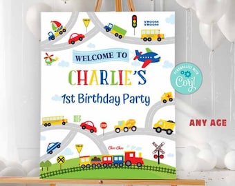 Transportation Party Welcome Sign--Self-Edit Corjl-Airplane Car Train-Birthday Party Sign Decoration-First Birthday-AnyAge-Baby Shower-A229