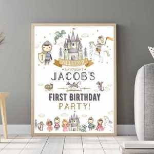 Placa de boas-vindas para festa de cavaleiros - Editar Corjl - Era uma vez - Dragões - Aniversário - Príncipe - Castelo Real - Medieval - Primeiro aniversário - Qualquer idade - Chá de bebê - A202