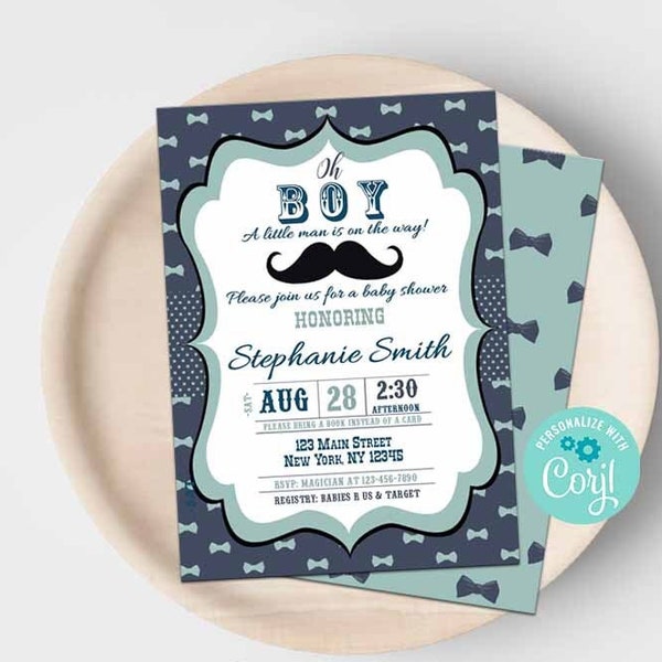 Mustache Baby Shower Invitation-Corjl-Little Man Baby Shower Invitation-Mustache Invitation-Little Gentleman Party-Oh Boy-It's a Boy-B409