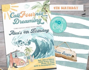 Cali-Four-nia Dreaming 4th Birthday Invitation-Self Edit w Corjl-CaliFournia Dreamin'-Surf's Invite-Pool-70s Van-Splash-Surfing Wave-A195-4