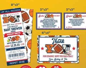 May include: A blue and red ticket invitation for a baby shower with a sports theme. The ticket says "Oh Boy!" and features a variety of sports balls including a football, basketball, baseball, and soccer ball. The ticket also includes the text "Let's Have a Ball!" and the date "12.25.23".