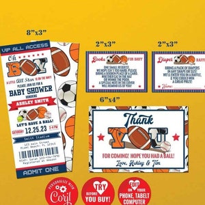 All Star Baby Shower Einladung Set-Self Edit w Corjl-All Star Sport Baby Shower-Dankes-Karte-Windel Raffle-Bücher für Baby-Oh Boy-B423