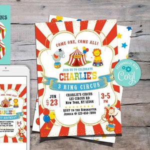 CIRCUS Birthday Invitation-Self Edit Corjl-Carnival invitation-3 Ring Circus Party-Carnival Party-Carnival Photo-First Birthday-AnyAge-A116