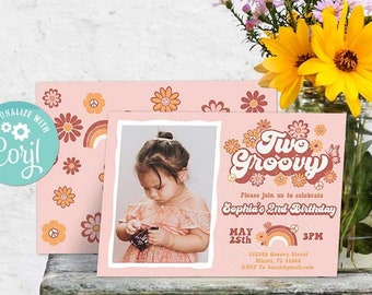 Two Groovy Birthday Invitation-Self-Edit wCorjl-2nd Birthday ONLY-Boho chic-70s Wild Flower Second Birthday Invite-TWO-Wild-A192 Photo