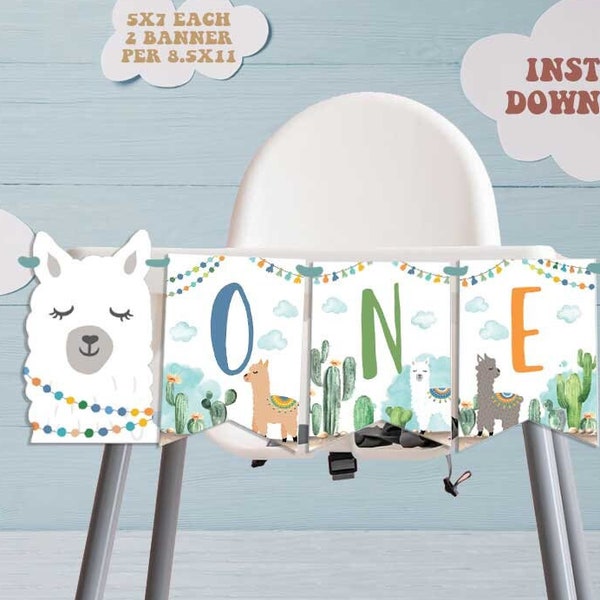 Boy Llama First Birthday Highchair Banner-Instant Download-Llama Party ONE Banner-Fiesta Birthday-Cactus Party-Llama Fun First Birthday-A201