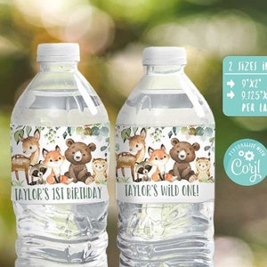 Étiquette de bouteille d'eau Woodland Party - Modification automatique wCorjl - Premier anniversaire de Woodland - tout âge - Baby shower - Wild ONE - Forest - Animal - Renard - Ours - Cerf - Hibou - A152
