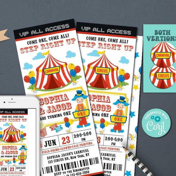 Joint-Twins-CIRCUS Birthday Invitation-Self Edit Corjl- Carnival invite-Circus-Carnival Party-Carnival Ticket-First Birthday-AnyAge-A116-CJ2