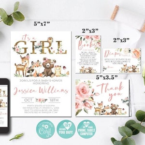 Girl Woodland Baby Shower Invitation Set-Edit w Corjl-Woodland Invite-Diaper Raffle-Books for Baby-Thank You Card-Woodland Forest-B441-3set