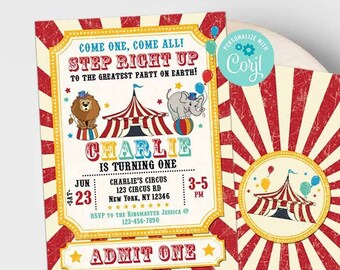 Vintage Circus Birthday Invitation-Corjl-Carnival Invite-3 Ring Circus Party-Come One Come All-Carnival Party-First Birthday-AnyAge-A226