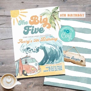 The BIG FIVE Birthday Invitation-Self Edit w Corjl-Surf&#39;s Up 5th Birthday Invite-Pool-70s Van-Splash plish-Surfing Wave Fifth Birthday-A195