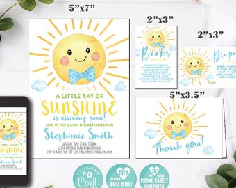 Sunshine Baby Shower Einladung Set: Junge einladen, Dankeskarte (digitaler Download) 440