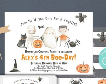 May include: A Halloween party invitation with a white background and colorful illustrations of a ghost, mummy, spider, and pumpkin. The text reads "Join us if you dare for a frightful Halloween Costume Party to celebrate Alex's 4th Boo-Day!" with the date, time, and location information.