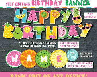 May include: Editable printable birthday banner with a tropical fruit theme. The banner says "Happy Birthday" and includes a space to add a name. Each banner is 5 inches by 6 inches and there are two banners per 8.5 by 11 inch page.