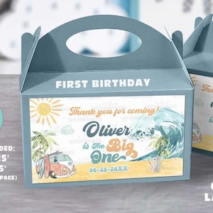 The BIG ONE First Birthday Gable Box Label-Self Edit w Corjl-Surfing Birthday-Favor Box-Surf&#39;s Up First Birthday-Pool-Surf-First Wave-A195