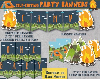 Self-Editing Camping Party Banners-Camping Birthday Banner Decorations-Summer Party-Bonfire-Campout-Campfire-Camp Baby Shower-A129B-7