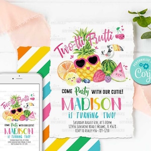TWO-tti Frutti Birthday Invitation-Self-Edit w Corjl-Frutti party Invite-Summer Party-Fruit Fruit Cutie-Pineapple-2nd Birthday ONLY-A169