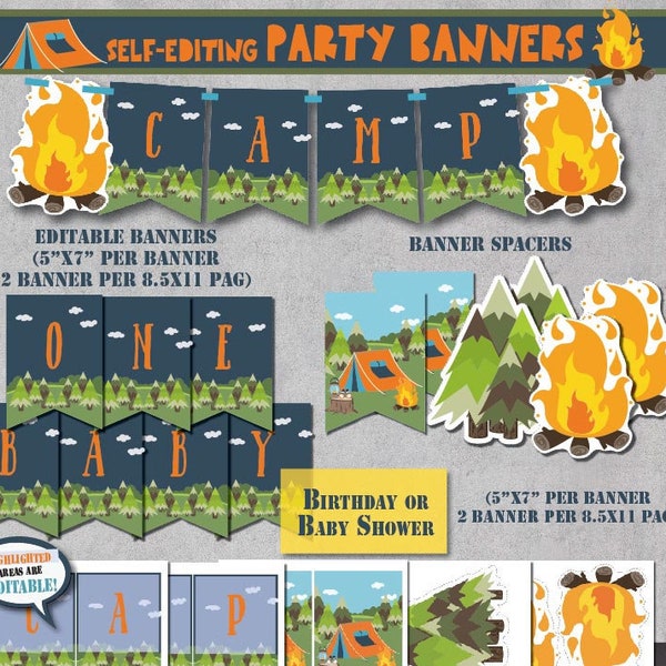 Self-Editing Camping Party Banners-Camping Birthday Banner Decorations-Summer Party-Bonfire-Campout-Campfire-Camp Baby Shower-A129B-7
