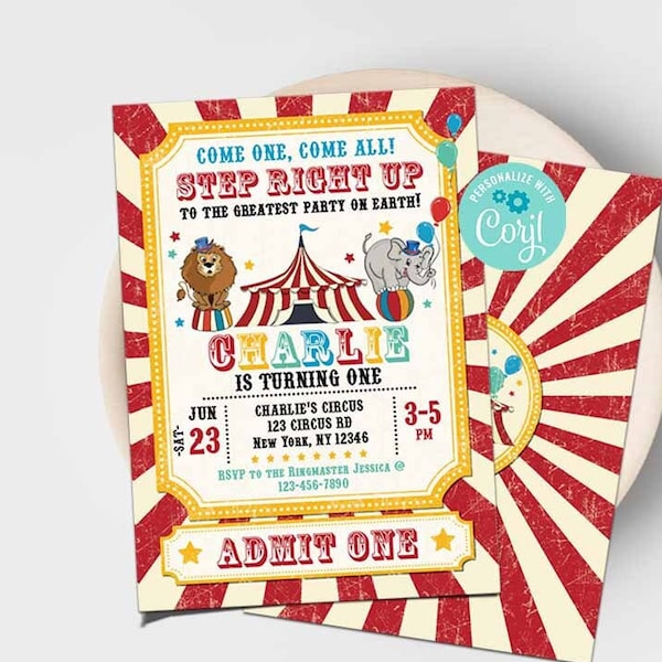 Vintage Circus Birthday Invitation-Corjl-Carnival Invite-3 Ring Circus Party-Come One Come All-Carnival Party-First Birthday-AnyAge-A226