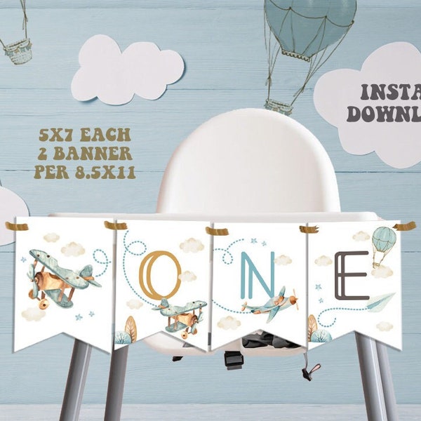 Vintage Airplane Birthday Highchair Banners-Instant Download-ONE Banners for decorations-Airplane Party-Time flies party-First Birthday-A220